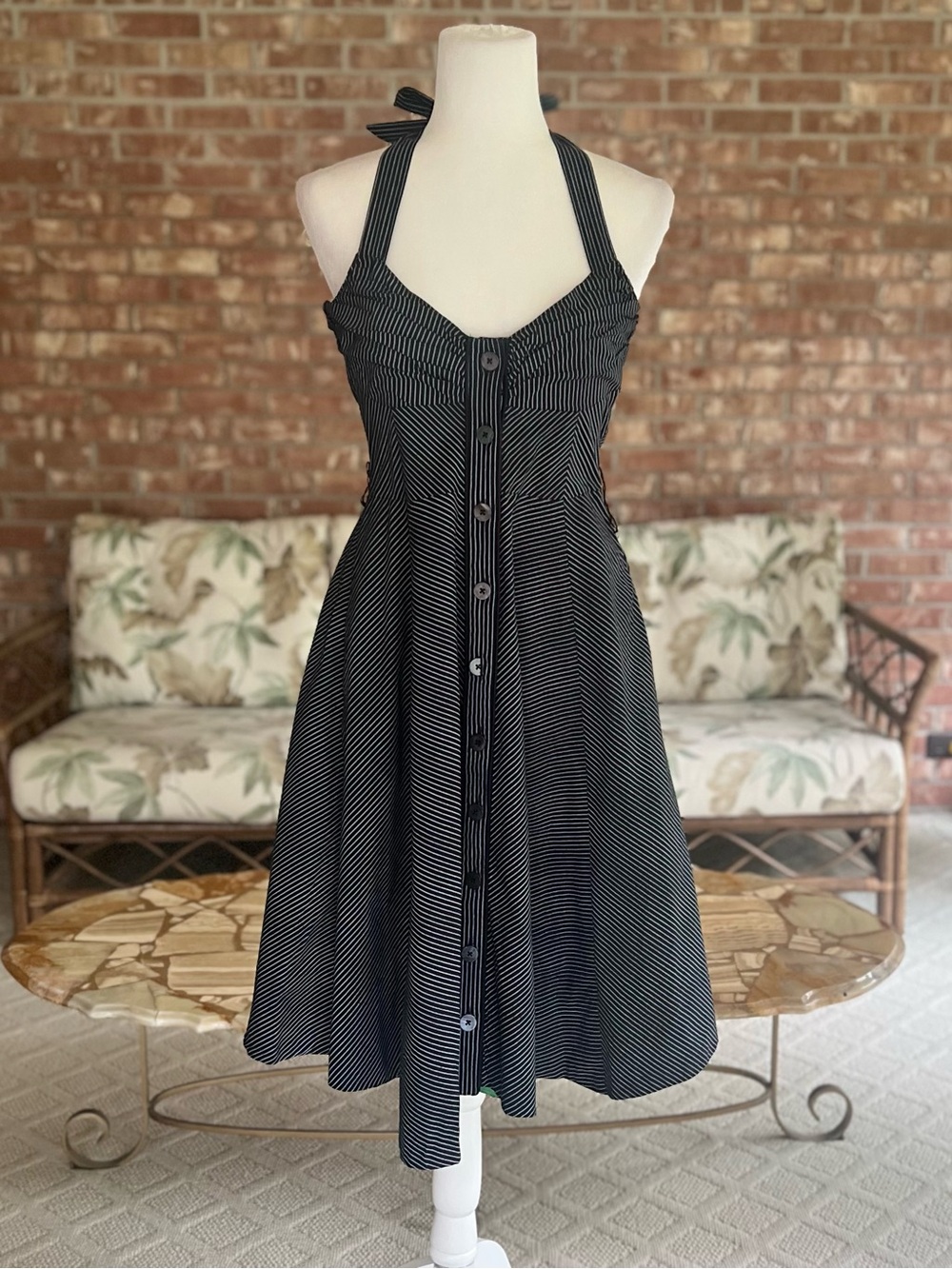 Mauve Anthropologie Ginny Dress Halter Pinstripe Black White Fit & Flare 8